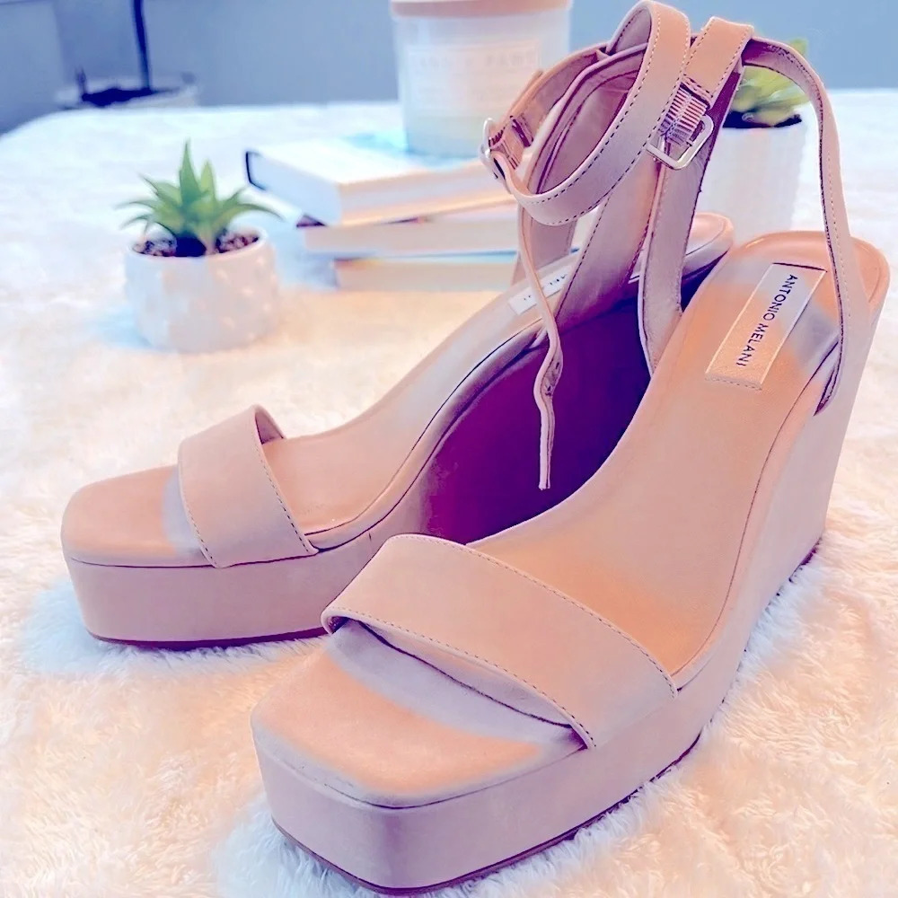 Antonio Melani Sz 9 Nude Beige Leather Open Toe High 4.5” High Heel Sandals NWT - Picture 4 of 16